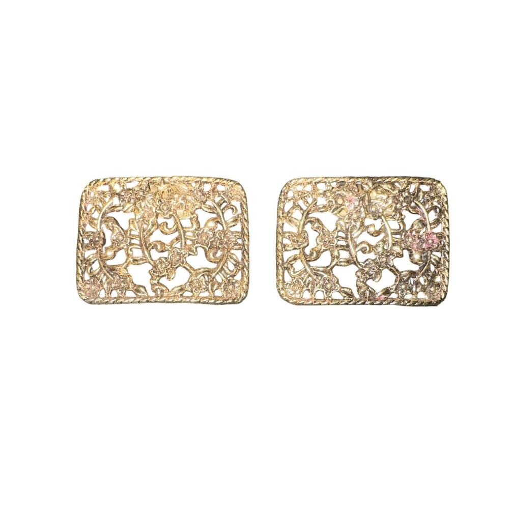Vintage Art Nouveau Open Work Detailed Rectangle Floral Gold‎ Tone Shoe Clips